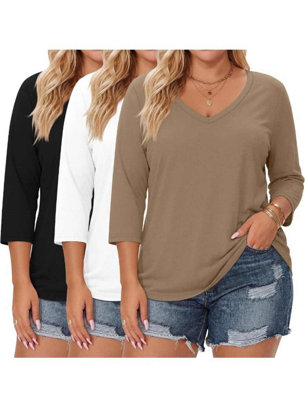 Plus Size 3 Pack V Neck 3/4 Sleeve Tops - Comfortable, Stylish, Everyday Wear